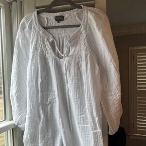 Large White Cotton tunic shirt tie front, ruched back yolk